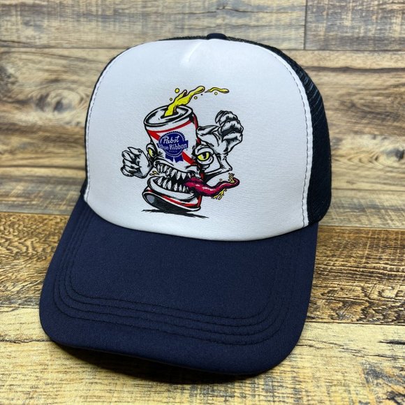 Pabst Blue Ribbon Mens Trucker Hat Navy Snapback Monster Beer Can Retro Logo Cap - Picture 1 of 8